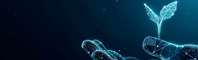 Intelligence artificielle et croissance digitale pour les TPE/PME : une main digitale faisant pousser une plante symbolisant l'innovation