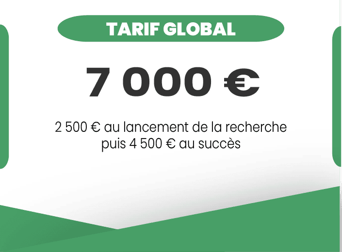 Tarif global recrutement – 7 000 € Tarif global recrutement : 7 000 €, avec 2 500 € au lancement de la recherche et 4 500 € au succès