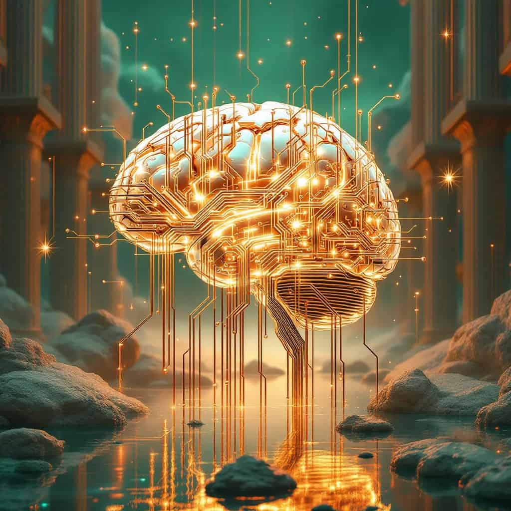 Cerveau numérique illuminé symbolisant l’intelligence artificielle générative mise au service de la performance des entreprises par We Are Watts